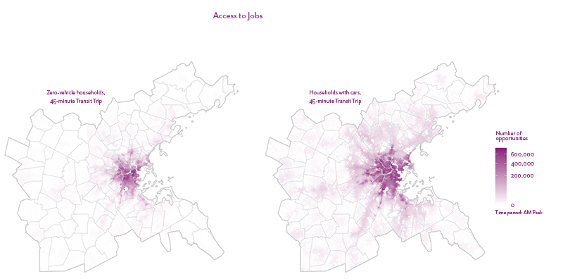 Figure 11 is a map that shows the number of job opportunities accessible within a 45-minute public transit trip for zero-vehicle households and households with a vehicle in the Boston region.